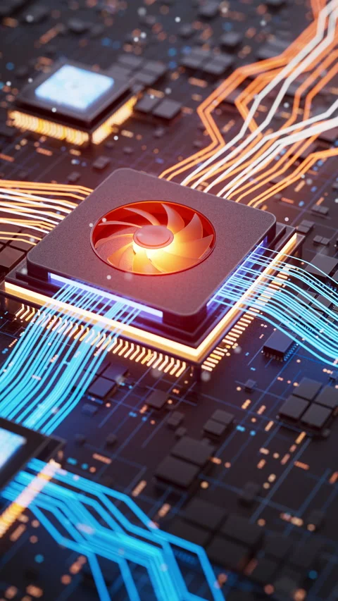 Central microchip with blue and orange glowing data paths Stock Footage 338986178