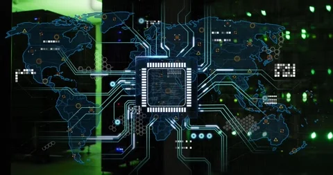 Central microchip HUD projecting world map traces over server room through glass Stock Footage 334316245