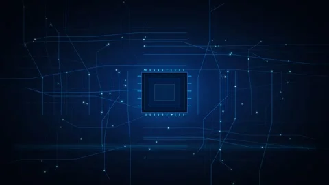 Central microchip processor with glowing circuit lines and data nodes exten.. Stock Footage 346326686