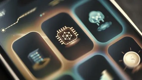 Central microchip tile with a geometric network symbol sits beside cloud Stock Photos