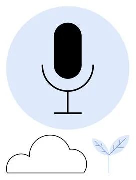 Central microphone in black within blue circle, stylized cloud and leaf figur Illustrazione stock