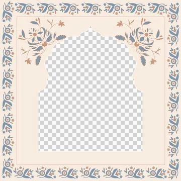 Central multi-lobed arch is being shown in flat design with floral border on Stock Illustration