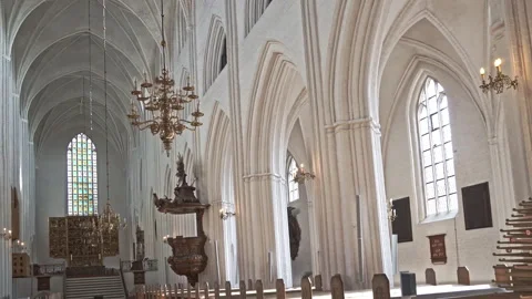 Central nave with pulpit, altar and altarpiece of the Odense Cathedral Stock-Footage 197490064