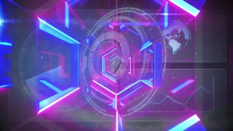 Central neon hexagonal tunnel glowing in 3D virtual interface, showing HUD Stock Footage 326877082