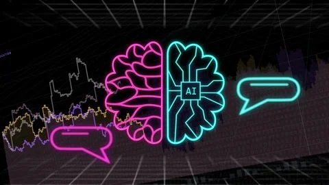 Central neon line drawing downward, forming split brain with AI chip, Stock Footage 335317466