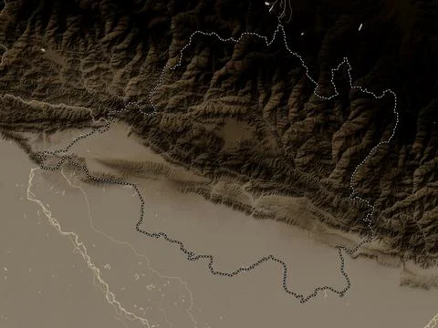 Central, Nepal. Elevation map colored in sepia tones with lakes and rivers 스톡 일러스트