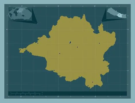Central, Nepal. Solid color shape. Locations of major cities of the region Stock Illustration