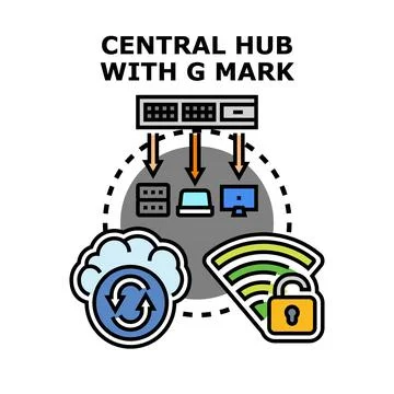 Central network hub connecting devices with cloud and wireless access Stock Illustration