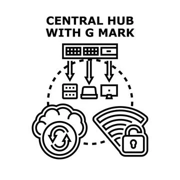 Central network hub connecting devices with cloud and wireless access Ilustración de archivo