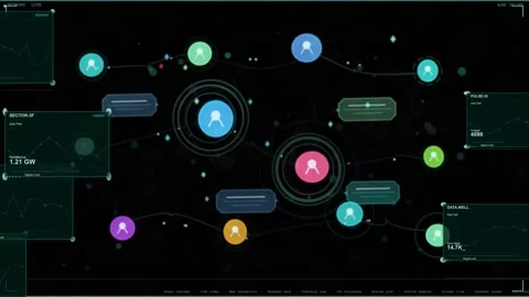 Central network map animating after data pulse, nodes pulsing, diamonds moving Stock Footage 335404137