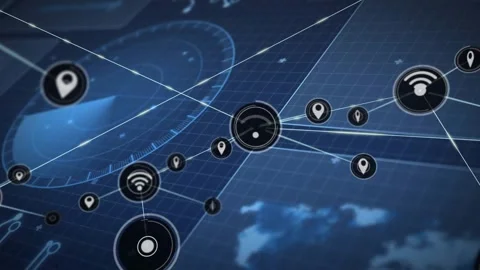 Central node activating spawning linked nodes with Wi?Fi on HUD radar showing 스톡 동영상 330980400
