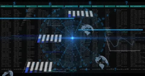 Central node appearing and emitting flare while grid rotating, bars sliding for 스톡 동영상 317369515