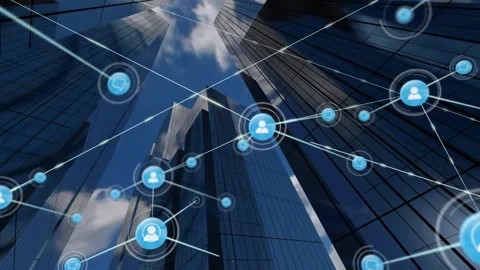 Central node appearing between towers, network expanding, linking nodes Stock Footage 334114465