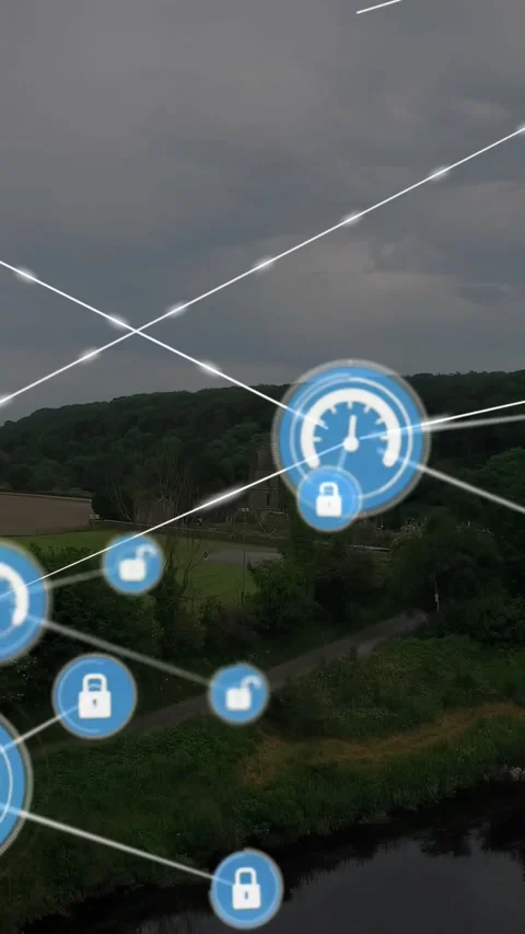 Central node appearing, HUD overlay forming web and moving nodes over river, Stock Footage 330306041