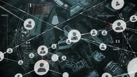 Central node appearing over city, network overlay expanding, linking user nodes, 스톡 동영상 322119335