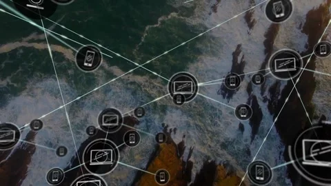 Central node appearing over surf, device network expanding and linking to show Video stock 330380011