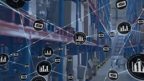 Central node appearing over warehouse racks spurring device icons spreading Video stock 309807827