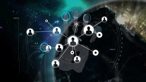 Central node appearing spawning avatar nodes over rotating globe, mapping data Stock Footage 332295916