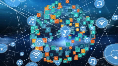 Central node appearing starting lines connecting rotating multicolor icon sphere Video stock 310298371