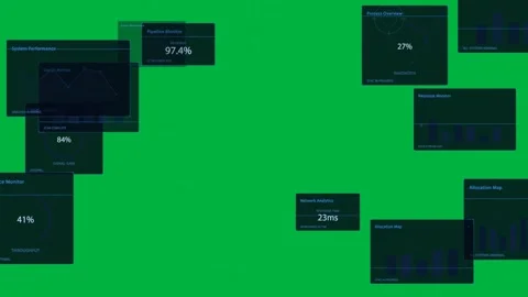 Central node appearing triggers rays, panels updating metrics, right node 動画素材 334118908