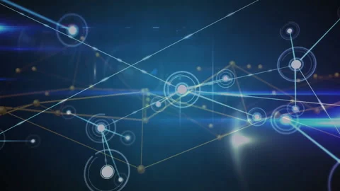 Central node arising lines linking nodes, lattice flickering pulsing rings Video stock 313149461