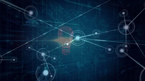 Central node being animated on blue digital grid, connecting glowing circles and Video stock 307857596