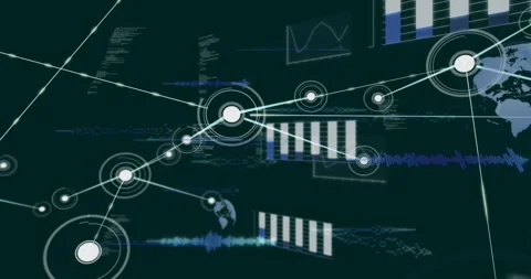 Central node emitting linking lines and spawning nodes, building data analytics Stock Footage 331789182