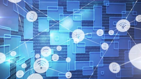 Central node emitting radial light and spawning Wi-Fi and phone icons, expanding 스톡 동영상 329832864