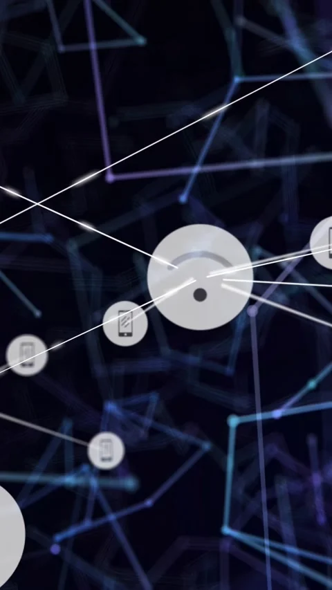 Central node expanding in dark mesh, morphing into Wi-Fi and linking phones, Stock Footage 330260058
