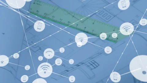 Central node fading in sparking network growth over plans, Wi?Fi phone icons Stock Footage 331062796