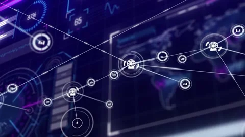 Central node initiating outgoing lines, spawning linked data nodes and growing Stock Footage 322119342