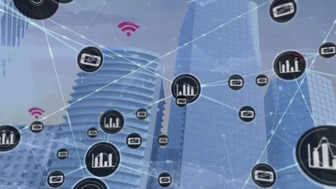 Central node morphing into chart, sparking IoT mesh across skyline, linking Video stock 333965414