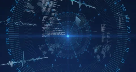 Central node opening rotating overlays, animating map, code, pie chart for Video stock 314408952