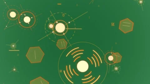 Central node pulsing and rotating, nodes orbiting for schematic readout, Stock Footage 329503428
