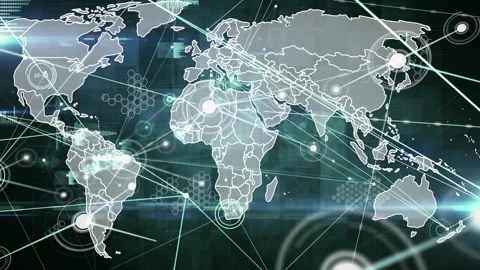 Central node pulsing and sending beams, digital map showing expanding network Stock Footage 329453637