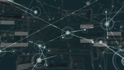 Central node pulsing and sending branching links while nodes forming and bars Stock Footage 330114706