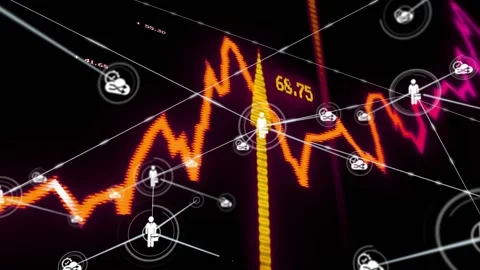Central node pulsing and sending radial lines, person nodes linking across Video stock 330935653