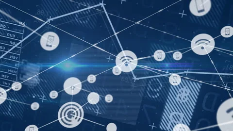 Central node pulsing and sending lines, wifi and smartphone glyphs scaling into Stock Footage 331085346