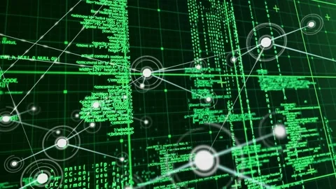Central node pulsing and spawning links, network growing across green code grid Stock Footage 331756794