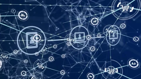 Central node pulsing, connectors extending, chain shifting right, showing Stock Footage 333132892