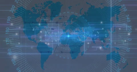 Central node pulsing HUD frames appearing with lines scrolling over world map Stock Footage 313639615
