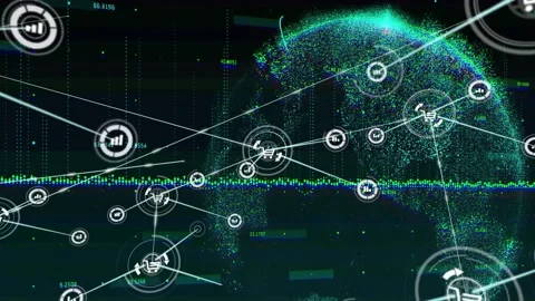 Central node pulsing, network expanding and linking cart or chart icons, showing 스톡 동영상 331109120
