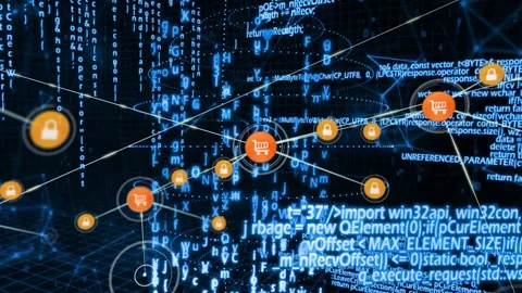 Central node pulsing, sending line linking cart and padlock icons, expanding Stock Footage 332505200