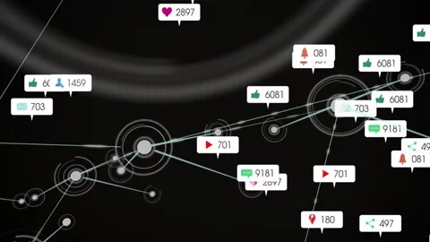 Central node pulsing, sending rings and lines, showing social counts and Video stock 328469464