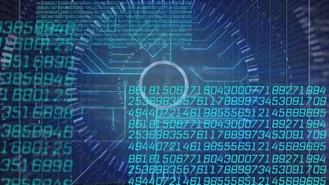 Central node reacting to left numeric stream, pulsing and routing panels to show Stock Footage 335761825