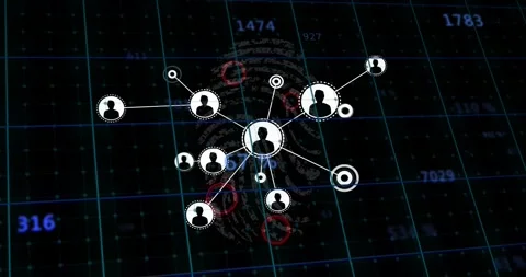 Central node reacting to red markers, expanding linked nodes and lines, print Stock Footage 330208202
