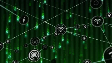 Central node sending lines across code backdrop, spawning pin icons forming tech Stock Footage 311915922