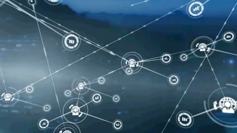 Central node spawning lines over blurred skyline connecting user or chart icons 動画素材 333106005