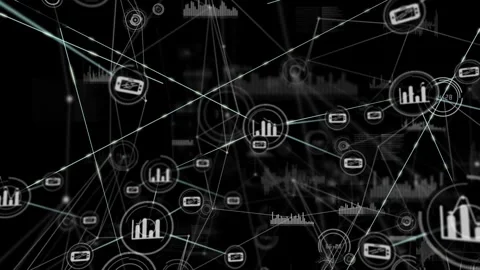 Central node spawning linked data nodes and drawing connecting lines, Stock Footage 332900040
