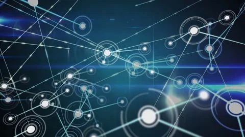 Central node spawning nodes, extending luminous lines and pulsing rings for tech Stock Footage 332821688